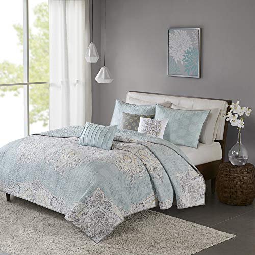  100% Cotton Quilt - Luxury Stitching Design, All Season, Breathable Coverlet Bedspread Bedding, Shams, Decorative Pillow, King/Cal King(104"x92"), Seafoam 6 Piece