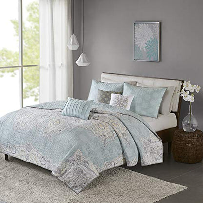  100% Cotton Quilt - Luxury Stitching Design, All Season, Breathable Coverlet Bedspread Bedding, Shams, Decorative Pillow, King/Cal King(104"x92"), Seafoam 6 Piece