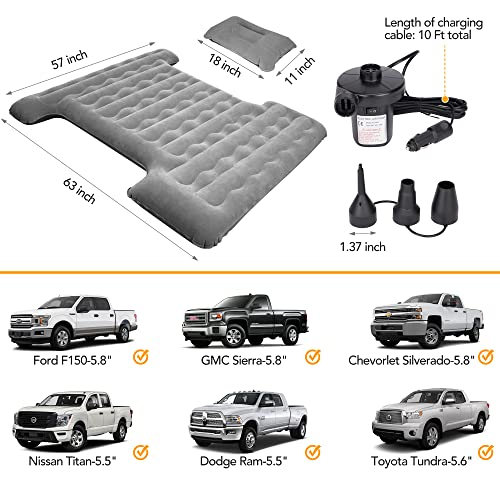  Truck Bed Air Mattress For 5.5-5.8Ft Inflatable Air Mattress For Short Truck Beds Truck Tent Camping Accessories With Pump Pillows Full Size Compatible With F150, Ram, GMC, Ect