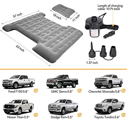  Truck Bed Air Mattress For 5.5-5.8Ft Inflatable Air Mattress For Short Truck Beds Truck Tent Camping Accessories With Pump Pillows Full Size Compatible With F150, Ram, GMC, Ect
