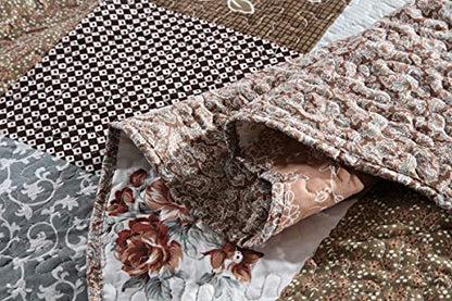  Yvooxny 3-Piece Queen Quilt Sets Bedspread Coverlet Set With Shams Microfiber Quilted Bedding Set, Brown Floral Patchwork Pattern