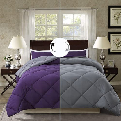  ELNIDO QUEEN 3 Pieces Comforter Set (Full, Purple & Grey) - 1 Reversible Down Alternative Comforter With 2 Pillow Shams - Soft Lightweight Duvet Insert | 82x86 Inch