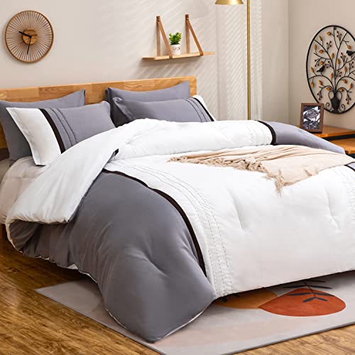  Airensky Queen Comforter Set - 5 Pcs Handmade Pintuck Bedding Comforter Sets With 1 Soft & Lightweight Microfiber Down Alternative Duvet Insert And 4 Pillowcases & Shams, Queen (94x92 Inches)