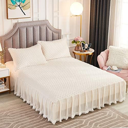  Diamond Quilted Velvet Bedspread Three Sides 18 Inches Deep Ruffles Drop Fitted Sheet Bed Skirt With Tassels Decorative Fringe (White, King)