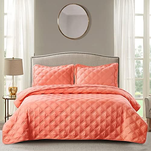  Home Soft Things 3 Piece Charleston Down Alternative Quilted Bed Spread Set, Soft Warm Plaid Diamond Pattern Quilt Coverlet Bedding Cover Set, Coral, Queen 100" X 106"