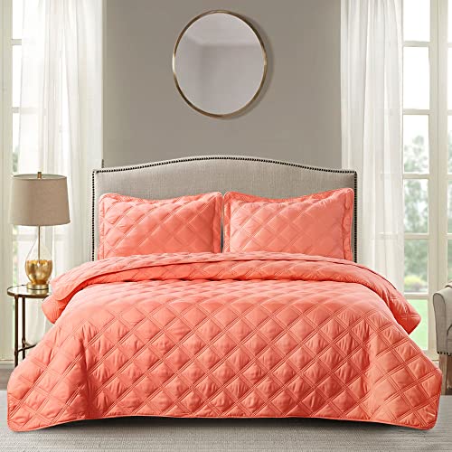  Home Soft Things 3 Piece Charleston Down Alternative Quilted Bed Spread Set, Soft Warm Plaid Diamond Pattern Quilt Coverlet Bedding Cover Set, Coral, Queen 100" X 106"