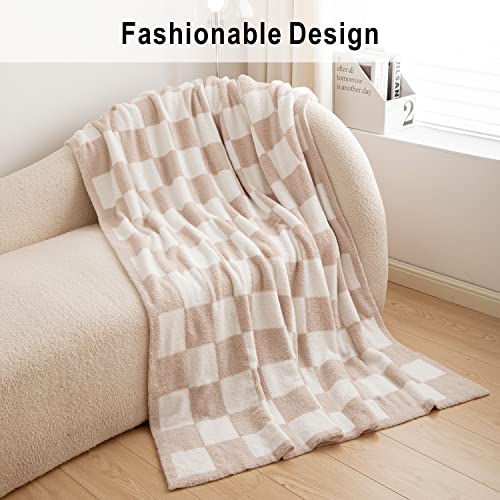  Throw Blanket With Checkerboard Plaid- Cozy Breathable All Seasons Soft Checkered Blanket Gingham Home Decor For Couch And Bed -Throw Size 51"x63",Light Khaki