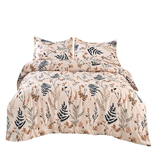  3 Pcs Blush Pink Floral Duvet Cover Set King Size, Soft Botanical Printed Microfiber Comforter Cover Zipper Closure Corner Ties