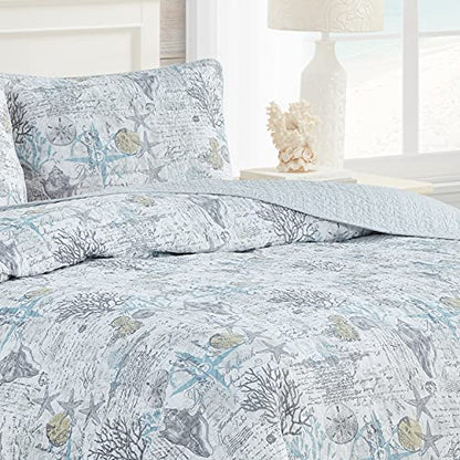  Tommy Bahama - King Quilt Set, Reversible Cotton Bedding With Matching Shams, Lightweight Home Decor For All Seasons (Beach Bliss Grey, King)