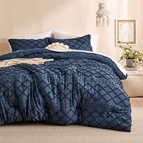  Bedsure Boho Comforter Set Queen - White Tufted Shabby Chic Bedding Comforter Set For All Seasons, 3 Pieces Western Comforter Farmhouse Modern Embroidery Bed Set For Women Men Girls
