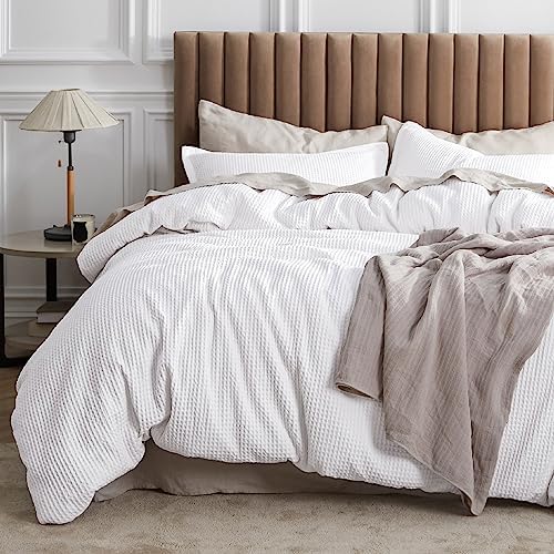  Bedsure Cotton Duvet Cover Queen - 100% Cotton Waffle Weave Coconut White Duvet Cover Queen Size, Soft And Breathable Queen Duvet Cover Set For All Season (Queen, 90"x90")