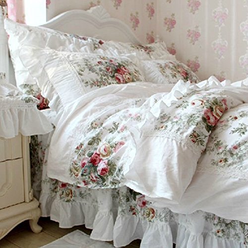  Farmhouse Bedding Duvet Cover Set Elegant And Shabby Vintage Rose Floral Lovely White Lace And Ruffle Style Bedskirt Exquisite Craft 100% Cotton,Queen Size 4-Pieces