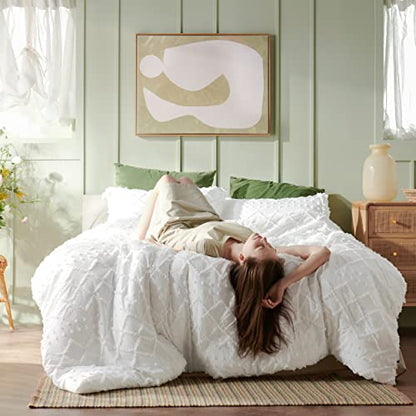  Bedsure Boho Comforter Set Queen - White Tufted Shabby Chic Bedding Comforter Set For All Seasons, 3 Pieces Western Comforter Farmhouse Modern Embroidery Bed Set For Women Men Girls