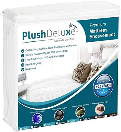  PlushDeluxe Premium Mattress Encasement - Zippered Waterproof BedCover, 6-Sided Protection - Hypoallergenic Terry Fabric - Protects Against Dust, Critters - [9-12"]Depth, Twin Size Mattress Protector