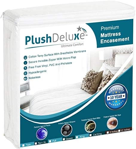  PlushDeluxe Premium Mattress Encasement - Zippered Waterproof BedCover, 6-Sided Protection - Hypoallergenic Terry Fabric - Protects Against Dust, Critters - [9-12"]Depth, Twin Size Mattress Protector