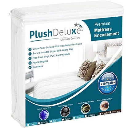  PlushDeluxe Premium Mattress Encasement - Zippered Waterproof BedCover, 6-Sided Protection - Hypoallergenic Terry Fabric - Protects Against Dust, Critters - [9-12"]Depth, Twin Size Mattress Protector