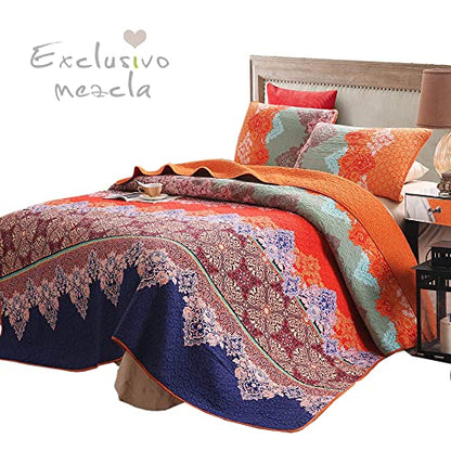  Exclusivo Mezcla Cotton Boho King Size Quilt Set, Soft Reversible Bohemian Bedspreads Lightweight Bedding Set Bed Cover For All Seasons, 3 Piece (1 Quilt, 2 Pillow Shams)