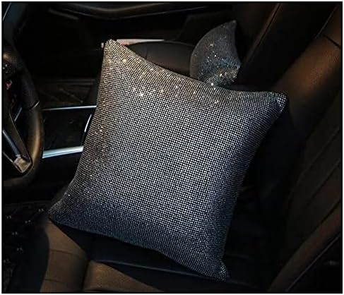  HappyERA 1Pc Bling Rhinestones Leather Car Seat Lumbar Pillow, Crystal Diamond Lumbar Support Cushion For Girls Women - White
