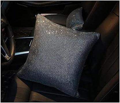  HappyERA 1Pc Bling Rhinestones Leather Car Seat Lumbar Pillow, Crystal Diamond Lumbar Support Cushion For Girls Women - White