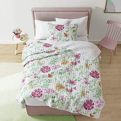  Comfort Spaces Reversible Quilt Set-Vermicelli Stitching Design All Season, Lightweight, Coverlet Bedspread Bedding, Matching Shams, King/Cal King (104 In X 90 In), Natalie Floral Blue 3 Piece