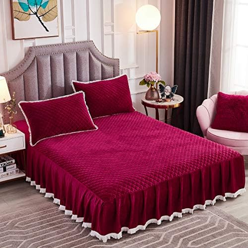  Diamond Quilted Velvet Bedspread Three Sides 18 Inches Deep Ruffles Drop Fitted Sheet Bed Skirt With Tassels Decorative Fringe (White, King)