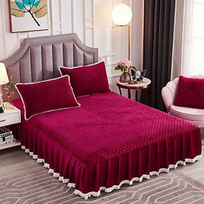  Diamond Quilted Velvet Bedspread Three Sides 18 Inches Deep Ruffles Drop Fitted Sheet Bed Skirt With Tassels Decorative Fringe (White, King)