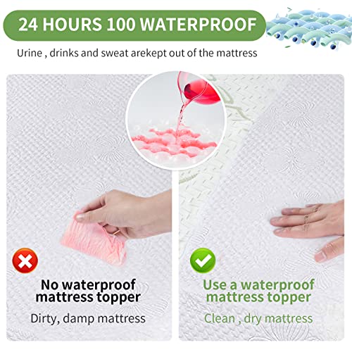  Amboo Mattress Topper With 1 Pillow Protector, Side Pocket, Waterproof Mattress Protector, Cooling Extra Thick Breathable Mattress Pad Cover,8-21” Deep Pocket- Queen