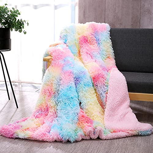  DANGTOP Faux Fur Throw Blanket, Tie Dye Fluffy Blanket, Super Soft Rainbow Blanket For Girls, Luxury Cozy Warm Plush Thick Sherpa Throws For Bed Couch Living Room (Rainbow, 59x79 Inches)