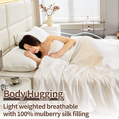  Pure Mulberry Silk Comforter King Size For All Season,100% Natural Long Strand Silk Fill Duvet, Luxury Mulberry Silk Bedding, Noiseless Cotton Shell (White)