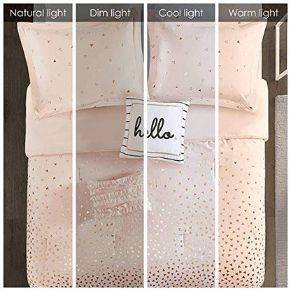  Intelligent Design Zoey Triangle Metallic Print, Cozy Comforter Set All Season Bedding Set, Matching Sham, Decorative Pillow, Twin/Twin XL, Blush/Rosegold 4 Piece