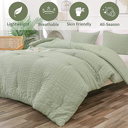  YOZEN Sage Green Queen Seersucker Comforter Set (90x90 Inch), 3 Pieces Textured Comforter With 2 Pillowcases, Soft Lightweight Microfiber Down Alternative Bedding Set For All Season