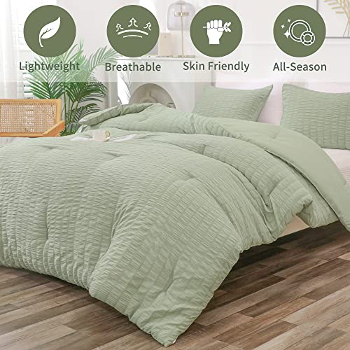  YOZEN Sage Green Queen Seersucker Comforter Set (90x90 Inch), 3 Pieces Textured Comforter With 2 Pillowcases, Soft Lightweight Microfiber Down Alternative Bedding Set For All Season