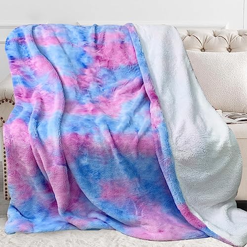  USTIDE Faux Fur Throw Blanket, Colorful Rainbow Blanket, Soft Girls Blanket Super Soft Fuzzy Plush Cozy Lightweight Decorative Blankets For Couch Sofa Bed, Blue/Pink,51"x63"