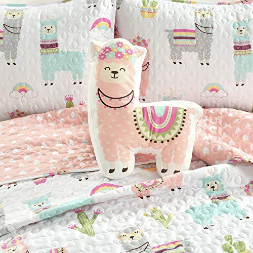  Make A Wish Southwest Llama Cactus White & Blush Reversible Print 4 Piece Quilt Set, Full Queen