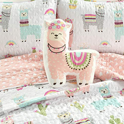  Make A Wish Southwest Llama Cactus White & Blush Reversible Print 4 Piece Quilt Set, Full Queen
