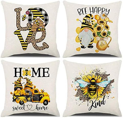  KACOPOL Sunflower Pillow Covers Set Of 4 18x18 Rustic Flower Market Farmhouse Truck Sunflower Bee Gnomes Home Eocr Throw Pillow Case Cushion Cover Spring Summer Decorations (Yellow-Hello Sunshine)