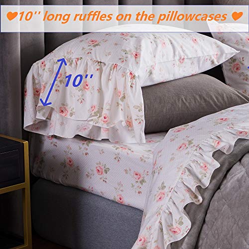  Ueen's House Shabby Floral Bed Sheet Set 4-Piece Queen Size French Country Ruffle Bed Sets