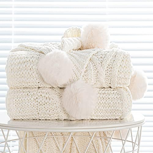  Chunky Knit Blanket With Pom Poms- Thick, Soft, Big, Cozy Throw Blankets For Couch, Bed, Sofa, Chair-50×60 Inches,Pink