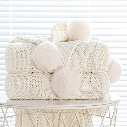  Chunky Knit Blanket With Pom Poms- Thick, Soft, Big, Cozy Throw Blankets For Couch, Bed, Sofa, Chair-50×60 Inches,Pink