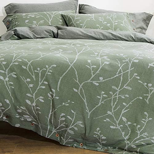  OREISE Duvet Cover Set Full/Queen Size Washed Cotton Yarn, Jacquard Green And White Thin Branch Pattern Floral Style 3Piece Bedding Set