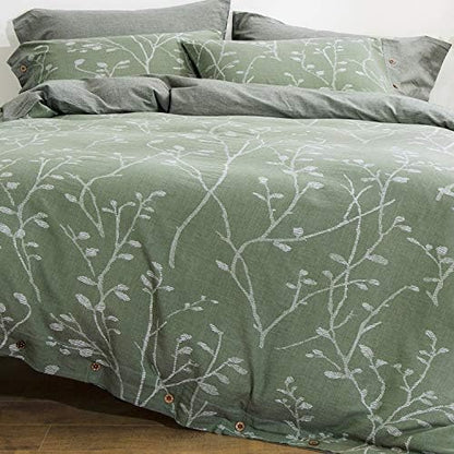  OREISE Duvet Cover Set Full/Queen Size Washed Cotton Yarn, Jacquard Green And White Thin Branch Pattern Floral Style 3Piece Bedding Set