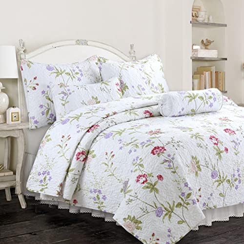  Cozy Line 4 Piece Daybed Cover Set - Pink Garden Bloom Floral Blue Rose Spring Reversible All Season Luxury Bedding With Bedskirt, Pillow Shams