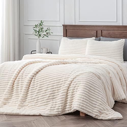  BEDELITE Fleece Queen Comforter Set -Super Soft & Warm Fluffy Grey Bedding, Luxury Fuzzy Heavy Bed Set For Winter With 2 Pillow Cases