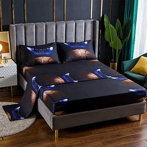  Bed Sheet 3 Piece Set 1 Flat+1 Fitted+1 Pillowcases-3D Sports Basketball Microfiber Bedding Sheet-Twin Size