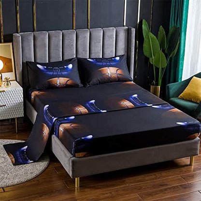  Bed Sheet 3 Piece Set 1 Flat+1 Fitted+1 Pillowcases-3D Sports Basketball Microfiber Bedding Sheet-Twin Size