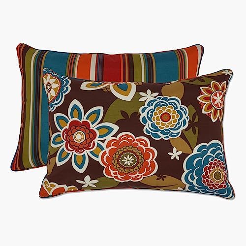  Pillow Perfect Reversible Floral Stripe Outdoor Throw Accent Pillow, Plush Fill, Weather, And Fade Resistant, Large Square - 18.5" X 18.5", Brown/Orange Annie, 2 Count