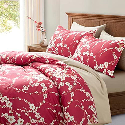  Japanese Oriental Style Cherry Red Blossom Floral Branches Print Duvet Quilt Cover 300tc Cotton Bedding 3 Piece Set (Queen, Charcoal)