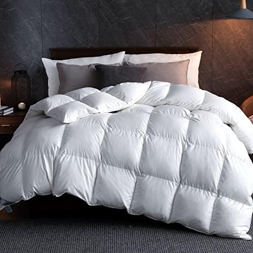  Goose Feather Down Comforter Queen Size, Ultra-Soft All Season Down Duvet Insert, Cotton Cover, 55oz Fill Weight Goose Down Comforter With Storage Bag (90x90)