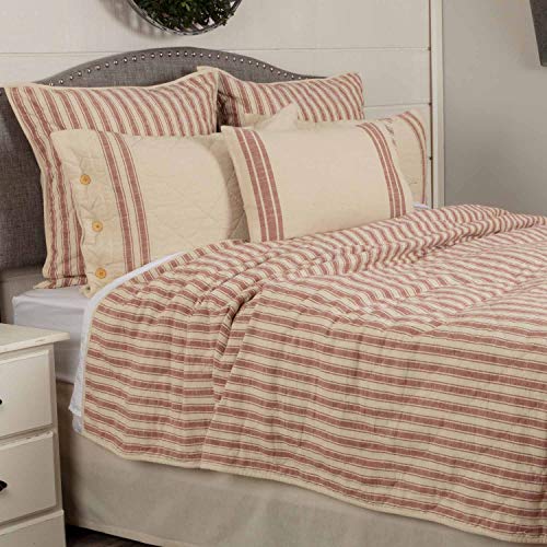  Market Place Red Queen Quilt, 100% Cotton Quilted Bedspread With Red Ticking, Hand Quilted Grain Sack Bed Spread Bedding For Boho, Shabby Chic And Rustic Farmhouse Decor (90”x90”)