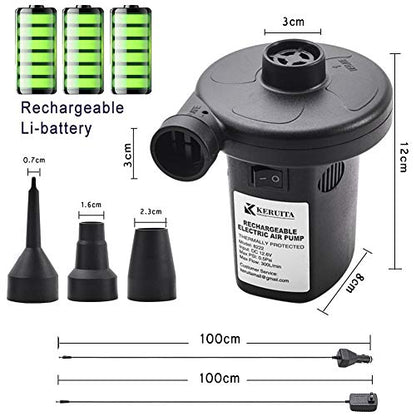  Electric Air Pump For Inflatables Rechargeable Portable Air Mattress Pump Inflator/Deflator Air Pump For Pool Floats, Raft, Bed, Boat, Pool Toy With 12-24V DC &120V AC Adaptor, 3 Nozzles